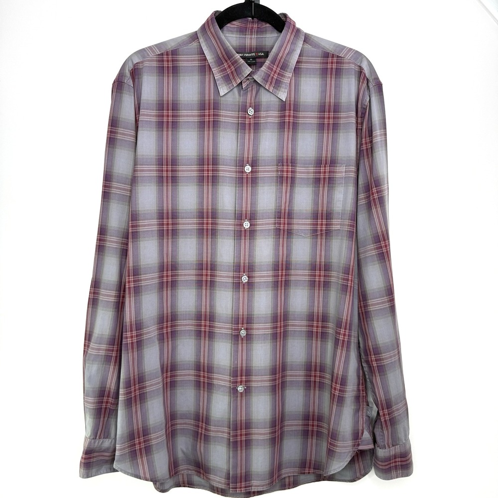 John Varvatos Star USA‎ Mens M Plaid Button Shirt Red Blue 100% Cotton Long Slv